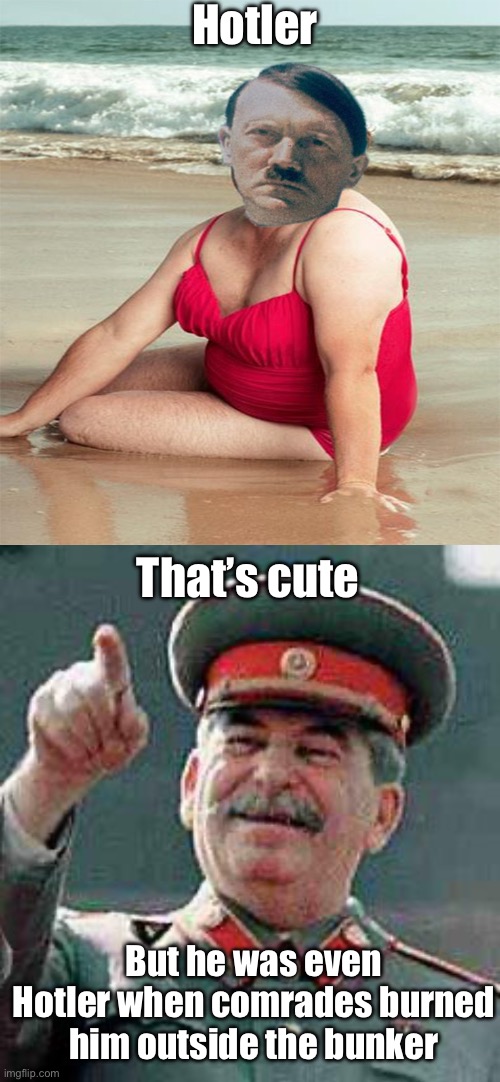 Hotler was hotler | Hotler; That’s cute; But he was even Hotler when comrades burned him outside the bunker | image tagged in hotler,stalin says,hot,adolf hitler | made w/ Imgflip meme maker