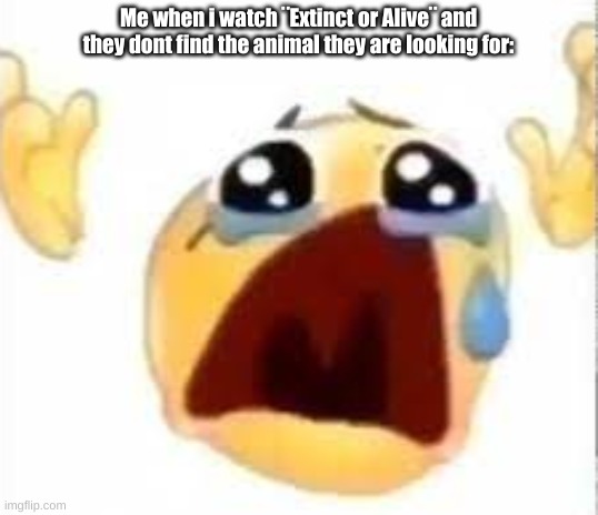 Crying emoji | Me when i watch ¨Extinct or Alive¨ and they dont find the animal they are looking for: | image tagged in crying emoji | made w/ Imgflip meme maker