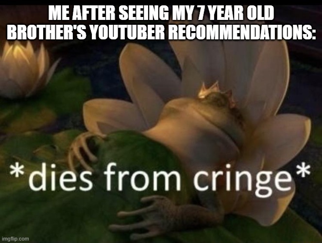 Dies from cringe | ME AFTER SEEING MY 7 YEAR OLD BROTHER'S YOUTUBER RECOMMENDATIONS: | image tagged in dies from cringe | made w/ Imgflip meme maker
