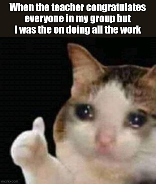 sad | When the teacher congratulates everyone in my group but I was the on doing all the work | image tagged in sad thumbs up cat,memes | made w/ Imgflip meme maker