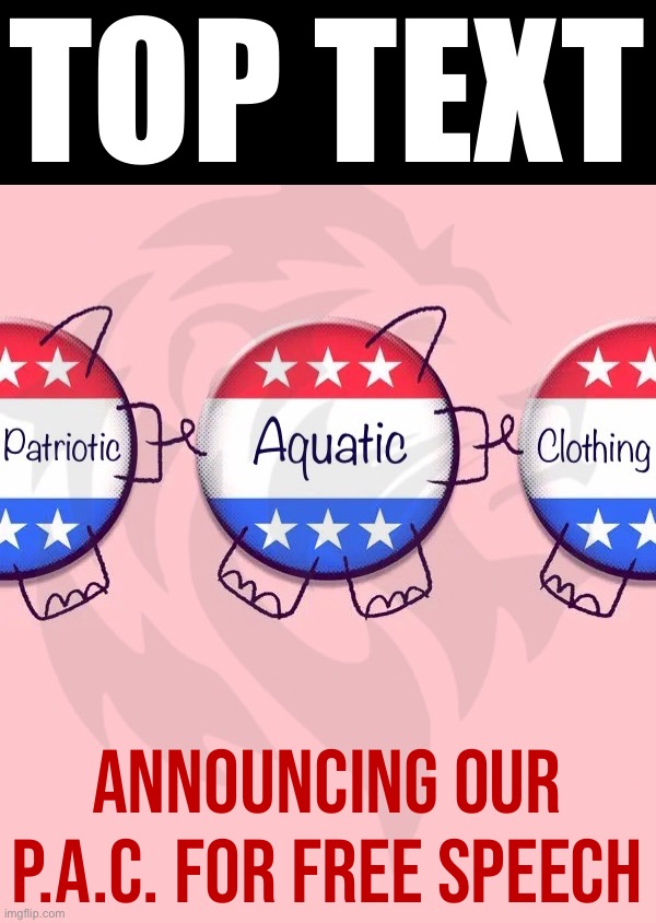 Part of our growing network for liberty-oriented donors, including Practical Aquatic Clothing and Perfectly Acceptable Clothing. | TOP TEXT; ANNOUNCING OUR P.A.C. FOR FREE SPEECH | image tagged in conservative party pac for patriotic aquatic clothing,conservative party,pac,patriotic,aquatic,clothing | made w/ Imgflip meme maker