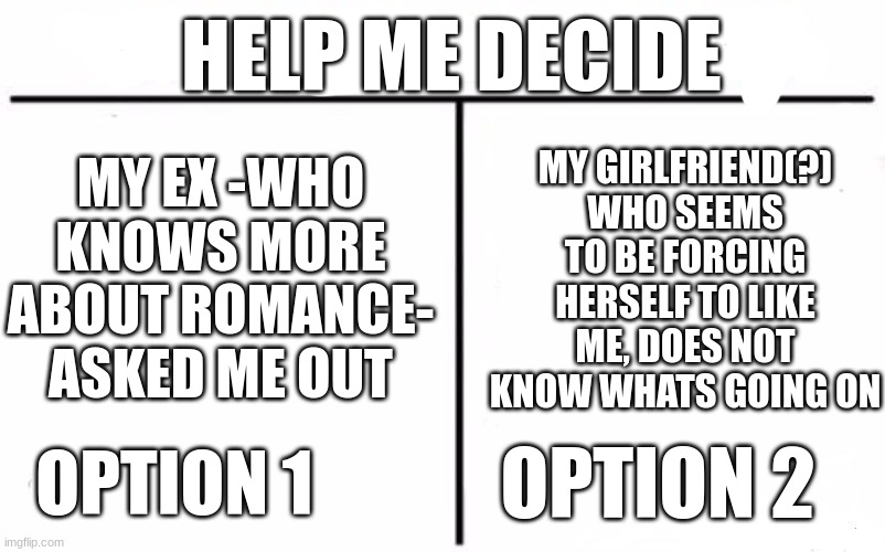whatever you chose, how will i let the other one down/tell them | HELP ME DECIDE; MY EX -WHO KNOWS MORE ABOUT ROMANCE- ASKED ME OUT; MY GIRLFRIEND(?) WHO SEEMS TO BE FORCING HERSELF TO LIKE ME, DOES NOT KNOW WHATS GOING ON; OPTION 1; OPTION 2 | image tagged in memes,who would win | made w/ Imgflip meme maker