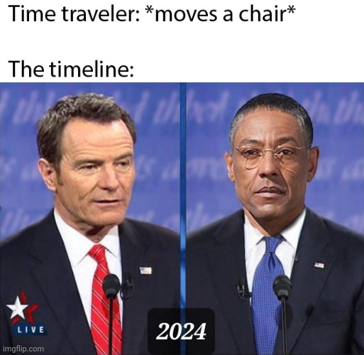 2024 Fring Versus White Debate | image tagged in walter white,gus fring,breaking bad,time traveler | made w/ Imgflip meme maker