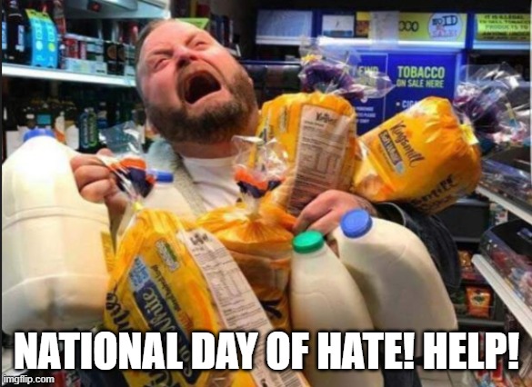 Panic Man | NATIONAL DAY OF HATE! HELP! | image tagged in panic man | made w/ Imgflip meme maker