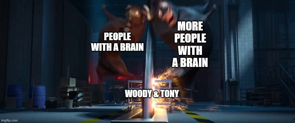 Ferdinand and Valiente by the saw | MORE PEOPLE WITH A BRAIN; PEOPLE WITH A BRAIN; WOODY & TONY | image tagged in ferdinand and valiente by the saw | made w/ Imgflip meme maker