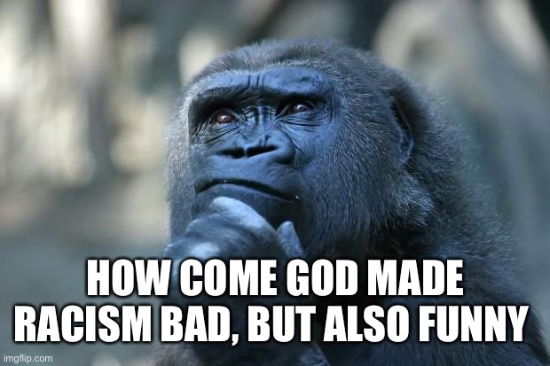 What was God thinking! | HOW COME GOD MADE RACISM BAD, BUT ALSO FUNNY | image tagged in deep thoughts | made w/ Imgflip meme maker