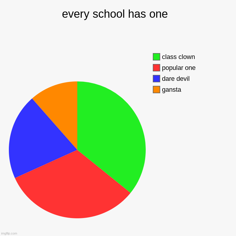 every school has one  | gansta, dare devil, popular one, class clown | image tagged in charts,pie charts | made w/ Imgflip chart maker