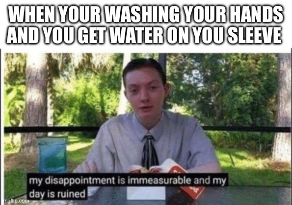 My dissapointment is immeasurable and my day is ruined | WHEN YOUR WASHING YOUR HANDS AND YOU GET WATER ON YOU SLEEVE | image tagged in my dissapointment is immeasurable and my day is ruined | made w/ Imgflip meme maker