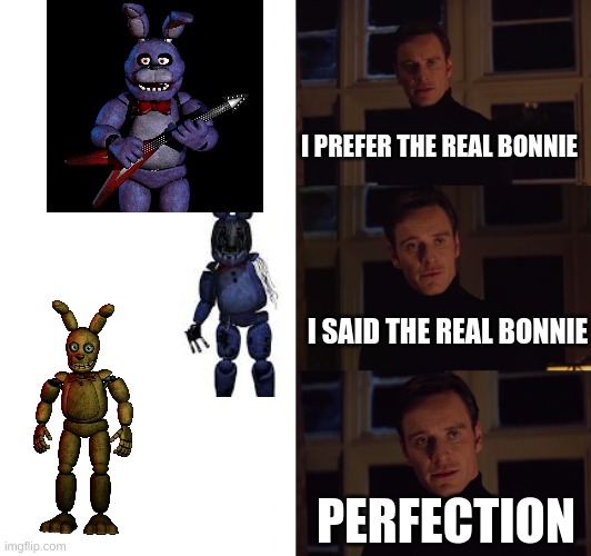 perfection | I PREFER THE REAL BONNIE; I SAID THE REAL BONNIE; PERFECTION | image tagged in perfection | made w/ Imgflip meme maker