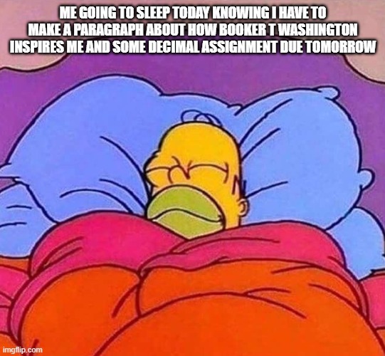true | ME GOING TO SLEEP TODAY KNOWING I HAVE TO MAKE A PARAGRAPH ABOUT HOW BOOKER T WASHINGTON INSPIRES ME AND SOME DECIMAL ASSIGNMENT DUE TOMORROW | image tagged in homer simpson sleeping peacefully | made w/ Imgflip meme maker
