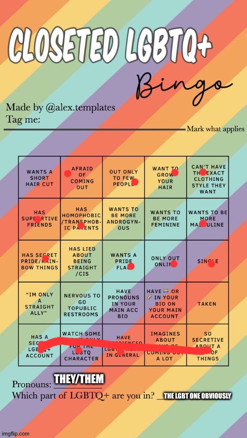 Closeted LGBTQ+ Bingo | THEY/THEM; THE LGBT ONE OBVIOUSLY | image tagged in closeted lgbtq bingo | made w/ Imgflip meme maker