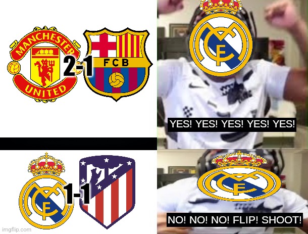 Real 1-1 Atletico | 2-1; 1-1 | image tagged in yes yes yes no no no ksi,real madrid,atletico madrid,la liga,futbol,memes | made w/ Imgflip meme maker