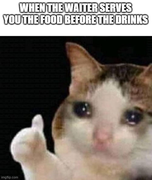 atleast you got the food | WHEN THE WAITER SERVES YOU THE FOOD BEFORE THE DRINKS | image tagged in sad thumbs up cat | made w/ Imgflip meme maker