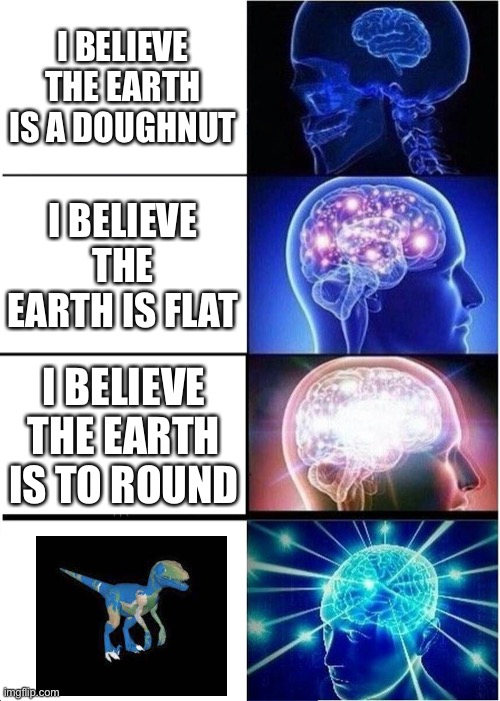 Need I say more | I BELIEVE THE EARTH IS A DOUGHNUT; I BELIEVE THE EARTH IS FLAT; I BELIEVE THE EARTH IS TO ROUND | image tagged in memes,expanding brain | made w/ Imgflip meme maker