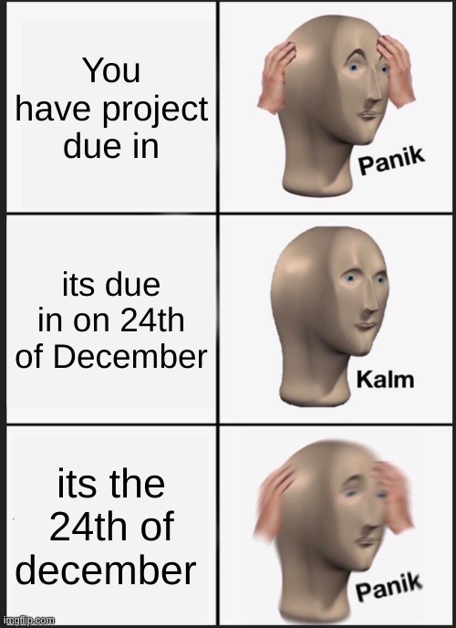 Panik Kalm Panik | You have project due in; its due in on 24th of December; its the 24th of December | image tagged in memes,panik kalm panik | made w/ Imgflip meme maker