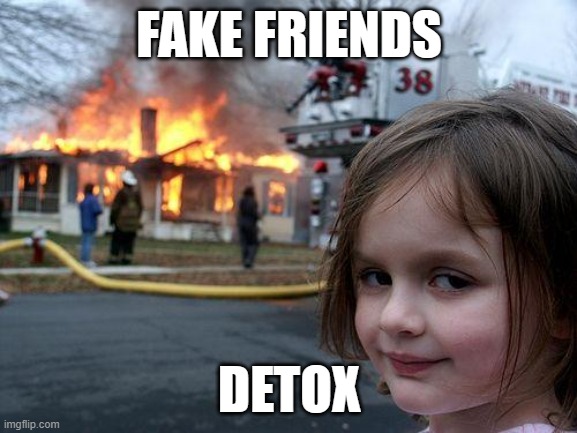 Self-Solitude | FAKE FRIENDS; DETOX | image tagged in memes,disaster girl | made w/ Imgflip meme maker