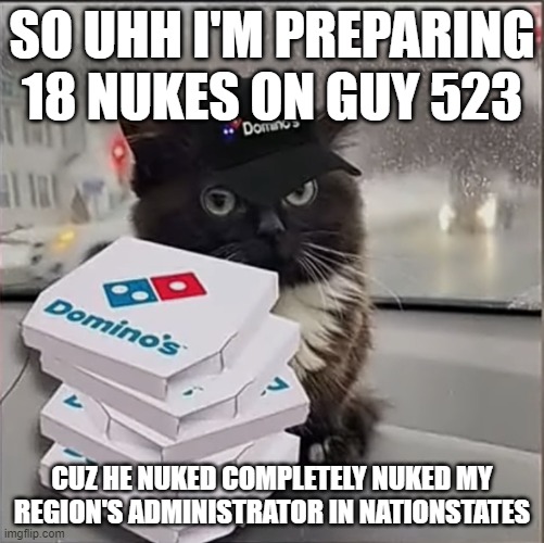 Dominos Cat | SO UHH I'M PREPARING 18 NUKES ON GUY 523; CUZ HE NUKED COMPLETELY NUKED MY REGION'S ADMINISTRATOR IN NATIONSTATES | image tagged in dominos cat | made w/ Imgflip meme maker