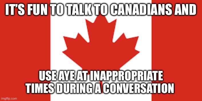 Canadians say aye | IT’S FUN TO TALK TO CANADIANS AND; USE AYE AT INAPPROPRIATE TIMES DURING A CONVERSATION | image tagged in funny memes,canada | made w/ Imgflip meme maker