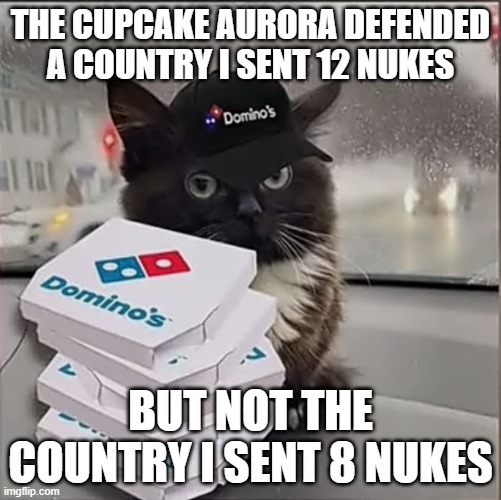Dominos Cat | THE CUPCAKE AURORA DEFENDED A COUNTRY I SENT 12 NUKES; BUT NOT THE COUNTRY I SENT 8 NUKES | image tagged in dominos cat | made w/ Imgflip meme maker