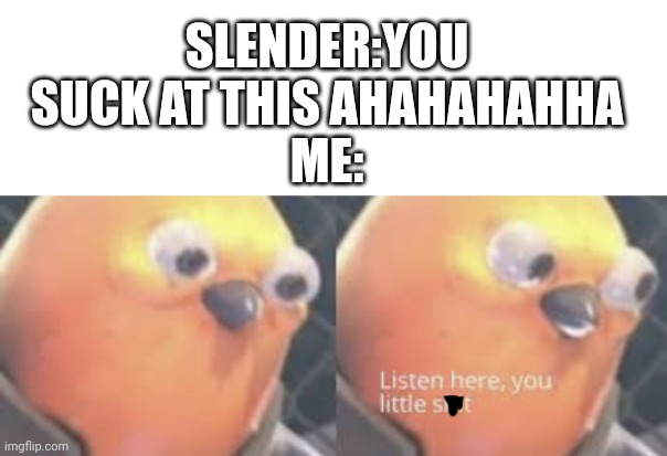 Listen here you little shit bird | SLENDER:YOU SUCK AT THIS AHAHAHAHHA
ME: | image tagged in listen,here,you,little | made w/ Imgflip meme maker