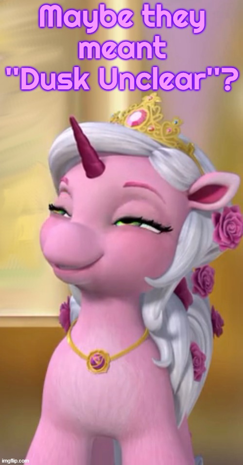 Filly Funtasia: The Rose Face | Maybe they meant ''Dusk Unclear''? | image tagged in filly funtasia,fantasy,rose,confused | made w/ Imgflip meme maker