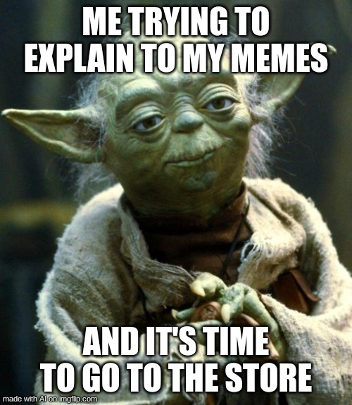 ;) | ME TRYING TO EXPLAIN TO MY MEMES; AND IT'S TIME TO GO TO THE STORE | image tagged in memes,star wars yoda | made w/ Imgflip meme maker