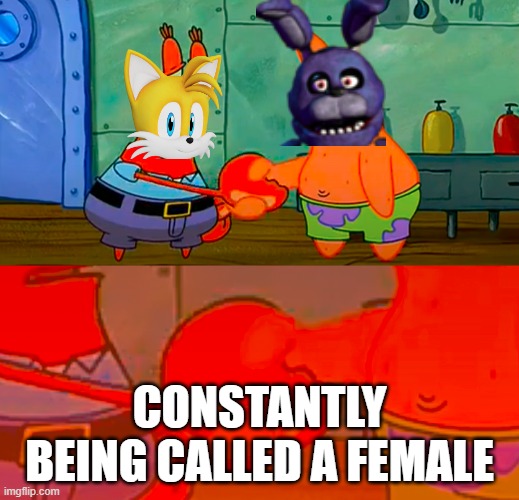 Real | CONSTANTLY BEING CALLED A FEMALE | image tagged in mr krabs and patrick shaking hand | made w/ Imgflip meme maker