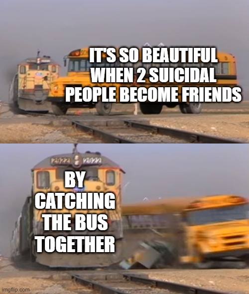 That Friendship was a Hit | IT'S SO BEAUTIFUL WHEN 2 SUICIDAL PEOPLE BECOME FRIENDS; BY CATCHING THE BUS TOGETHER | image tagged in a train hitting a school bus | made w/ Imgflip meme maker