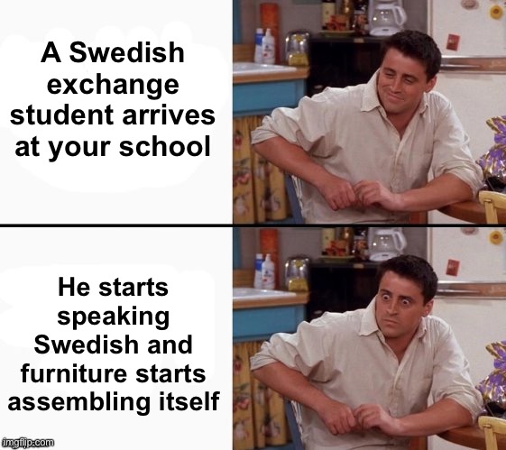 True story | A Swedish exchange student arrives at your school; He starts speaking Swedish and furniture starts assembling itself | image tagged in comprehending joey,memes,unfunny | made w/ Imgflip meme maker