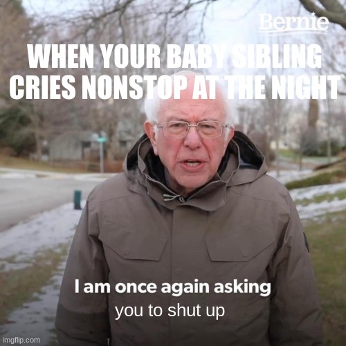 did this happen to you? | WHEN YOUR BABY SIBLING CRIES NONSTOP AT THE NIGHT; you to shut up | image tagged in memes,bernie i am once again asking for your support,siblings | made w/ Imgflip meme maker