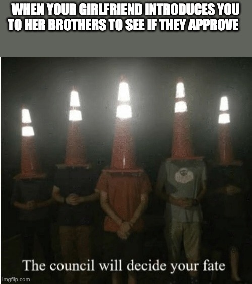 The council will decide your fate | WHEN YOUR GIRLFRIEND INTRODUCES YOU TO HER BROTHERS TO SEE IF THEY APPROVE | image tagged in the council will decide your fate | made w/ Imgflip meme maker