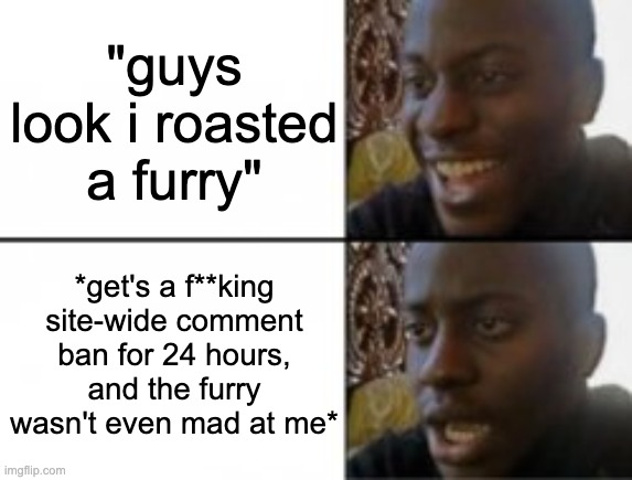 my post got deleted too, my comment also, i even felt bad about doing that but i had to get the site wide comment ban because i  | "guys look i roasted a furry"; *get's a f**king site-wide comment ban for 24 hours, and the furry wasn't even mad at me* | image tagged in happy sad | made w/ Imgflip meme maker