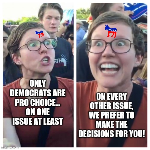 What is illusion? The fact liberals think giving you ONE choice in life means EVERY other choice they take away is fine |  ON EVERY OTHER ISSUE, WE PREFER TO MAKE THE DECISIONS FOR YOU! ONLY DEMOCRATS ARE PRO CHOICE... ON ONE ISSUE AT LEAST | image tagged in hypocrite liberal,liberal logic,democrats,brainwashing,expectation vs reality,choices | made w/ Imgflip meme maker