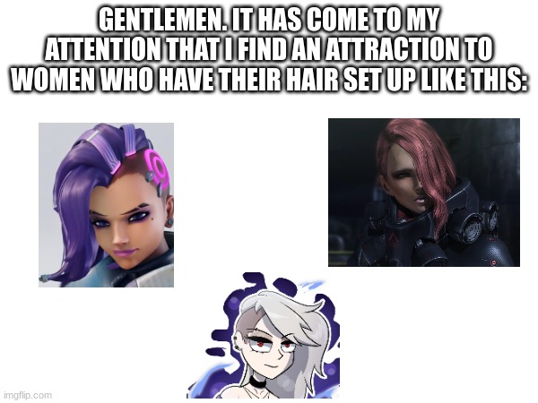 GENTLEMEN. IT HAS COME TO MY ATTENTION THAT I FIND AN ATTRACTION TO WOMEN WHO HAVE THEIR HAIR SET UP LIKE THIS: | made w/ Imgflip meme maker