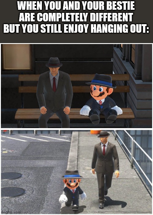 Besties! | WHEN YOU AND YOUR BESTIE ARE COMPLETELY DIFFERENT BUT YOU STILL ENJOY HANGING OUT: | image tagged in wholesome,super mario odyssey,suit,best friends | made w/ Imgflip meme maker