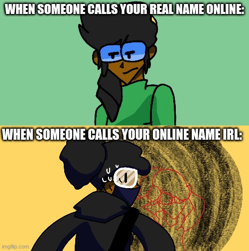 No one should know your online name | WHEN SOMEONE CALLS YOUR REAL NAME ONLINE:; WHEN SOMEONE CALLS YOUR ONLINE NAME IRL: | image tagged in personality | made w/ Imgflip meme maker