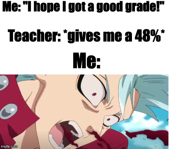 Happened to in spanish. | Me: "I hope I got a good grade!"; Teacher: *gives me a 48%*; Me: | image tagged in ban,seven deadly sins | made w/ Imgflip meme maker