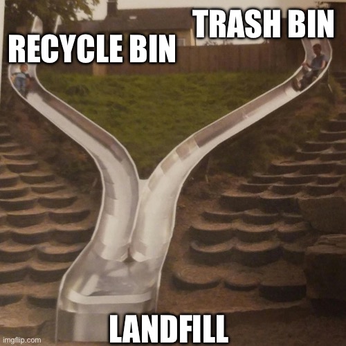 Recycling | TRASH BIN; RECYCLE BIN; LANDFILL | image tagged in two slides merging | made w/ Imgflip meme maker