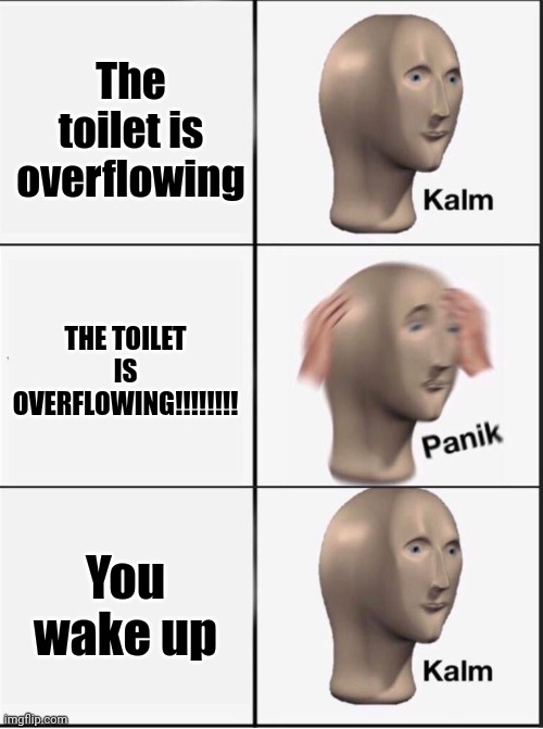 Reverse kalm panik | The toilet is overflowing; THE TOILET IS OVERFLOWING!!!!!!!! You wake up | image tagged in reverse kalm panik | made w/ Imgflip meme maker