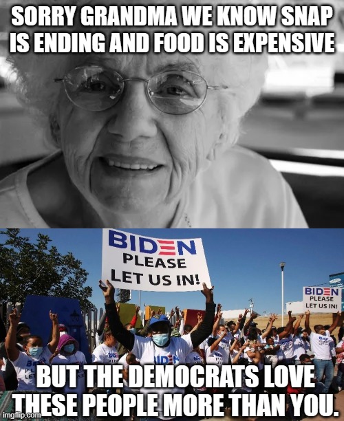 Grandma is going hungry and illegals get what they want. | SORRY GRANDMA WE KNOW SNAP IS ENDING AND FOOD IS EXPENSIVE; BUT THE DEMOCRATS LOVE THESE PEOPLE MORE THAN YOU. | image tagged in social security,elderly,illegal immigration | made w/ Imgflip meme maker