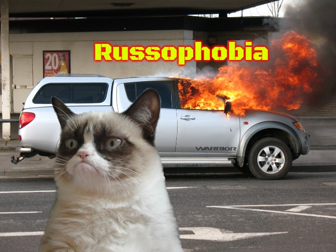 Grumpy Cat Fire Car | Russophobia | image tagged in grumpy cat fire car,russophobia,slavic | made w/ Imgflip meme maker