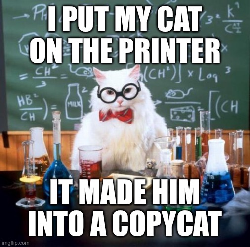 This is a dad joke | I PUT MY CAT ON THE PRINTER; IT MADE HIM INTO A COPYCAT | image tagged in memes,chemistry cat | made w/ Imgflip meme maker