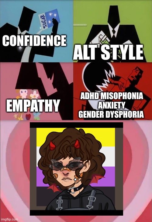 Me | CONFIDENCE; ALT STYLE; ADHD MISOPHONIA ANXIETY GENDER DYSPHORIA; EMPATHY | image tagged in power puff girls | made w/ Imgflip meme maker