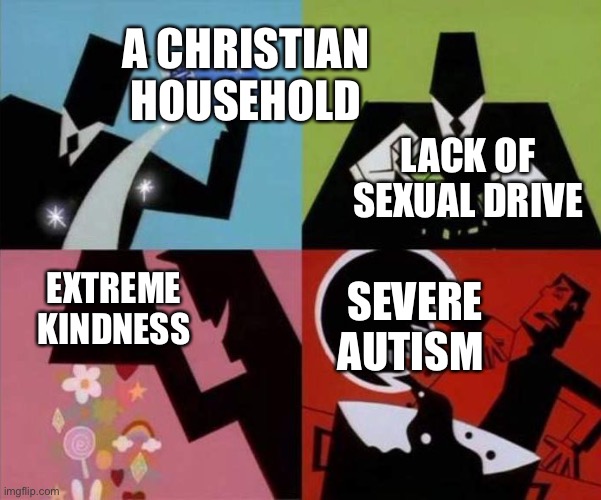 And that’s why I’m gay! | A CHRISTIAN HOUSEHOLD; LACK OF SEXUAL DRIVE; EXTREME KINDNESS; SEVERE AUTISM | image tagged in power puff girls chemical x | made w/ Imgflip meme maker