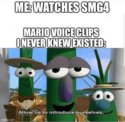 SMG4 | ME: WATCHES SMG4; MARIO VOICE CLIPS I NEVER KNEW EXISTED: | image tagged in allow us to introduce ourselves,smg4,mario | made w/ Imgflip meme maker