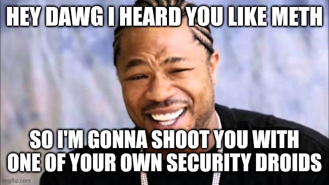 Xhibit | HEY DAWG I HEARD YOU LIKE METH; SO I'M GONNA SHOOT YOU WITH ONE OF YOUR OWN SECURITY DROIDS | image tagged in xhibit | made w/ Imgflip meme maker