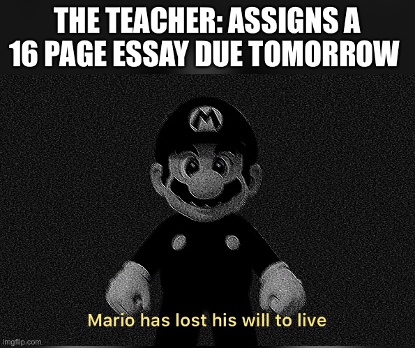 School | THE TEACHER: ASSIGNS A 16 PAGE ESSAY DUE TOMORROW | image tagged in mario has lost his will to live,school | made w/ Imgflip meme maker