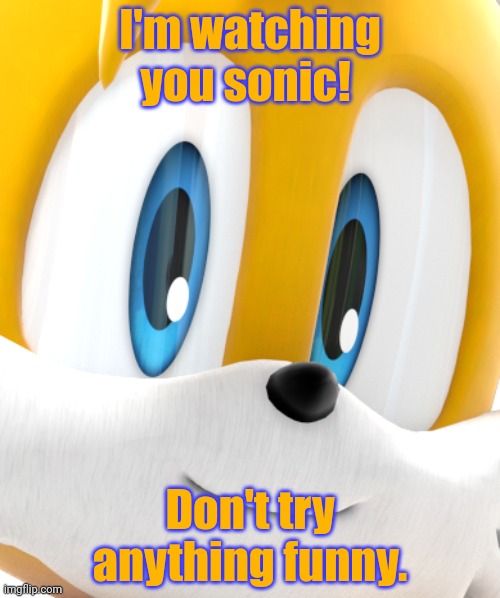 the fox is watching you!! | I'm watching you sonic! Don't try anything funny. | image tagged in the fox is watching you | made w/ Imgflip meme maker