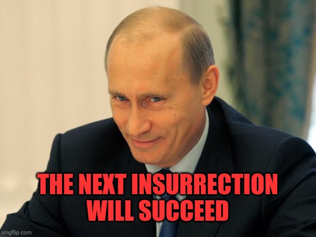 vladimir putin smiling | THE NEXT INSURRECTION
WILL SUCCEED | image tagged in vladimir putin smiling | made w/ Imgflip meme maker