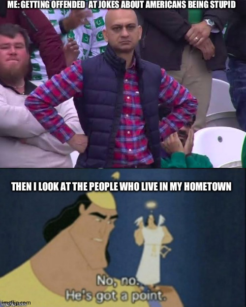 (they thought not wearing masks during covid made them badass rebels) | ME: GETTING OFFENDED  AT JOKES ABOUT AMERICANS BEING STUPID; THEN I LOOK AT THE PEOPLE WHO LIVE IN MY HOMETOWN | image tagged in no no hes got a point | made w/ Imgflip meme maker